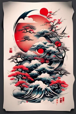 Create a captivating modern 2d colorfull ink Japanese tattoo design for print , using the elegant influences of japan art style, for print, dynamic elements from fashion and design, and bold Japanese art aesthetics, framing centered in the center, distanced from the edges of the paper perimeter, perfect anatomy, bauhaus, Divine Proportion,