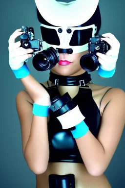 Cyber-punk style camera-mask. Large fencing mask covers cheeks. Trim girls. Reflective white plastic skin. Camera lenses as eyes. Head full of integrated old-fashioned cameras. Golden to cyan surfaces body, latex. Perfect body, thick thighs and calves. Asa Akira. Selfies with old-fashioned cameras in both hands. Wide hip, skirt bleats nicely. Camera at mons veneris and nipples. Partly symmetrical. Three Cameras hanging on wide plastic belt. Euclidean 3D-tiling. Fractal-camera-lens.Minimalism