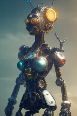 a beautiful full frame portrait digital painting of futuristic gaspunk robot, wide angle view, close-up, macro lens, centered camera, titanium accents, intricate details, small minutiae, tiny features, particulars, colorful, 8k, least ambient occlusion, volumetric lighting, volumetric clouds