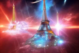 Eiffel tower made from diamonds . nebula in sky . flying cars passing by.