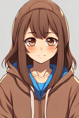 shy korean anime girl with brown hair and blue eyes with a brown and creme colored hoodie