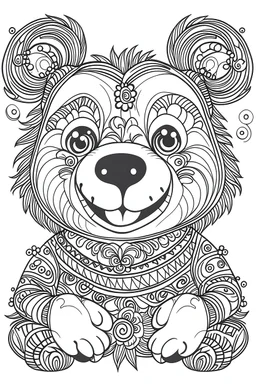 Outline art for coloring page, HIPPIE SMILING TEDDY BEAR, coloring page, white background, Sketch style, only use outline, clean line art, white background, no shadows, no shading, no color, clear