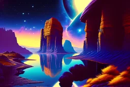 Rocky alien landscape with cliff, river, galaxy, sci-fi, epic
