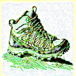 a black and white, monochrome, scribble sketch of a hiking shoe, detailed