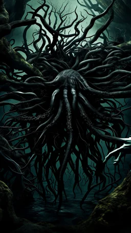 under water with sharks , black vein, human veins, mixing together a lot of them, like a forest, big and small veins a lot of them, a black creature looks like an octopus with many arms