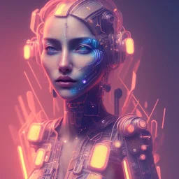 A beautiful portrait of a cute cyberpunk woman happy, grain on the skin, tribal tatoos, orange color scheme, high key lighting, volumetric light high details with white stripes and feathers full length clean art NFT, soft lighting, soft pastel gradients, high definition, blender 3d cinematic, op art, visionary art, sacred geometry, fractal, white balanced