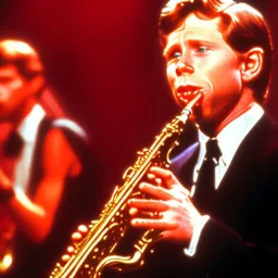 eyes closed REd-haired ron howard is richie from happy days Is playing the saxophone in a band with his "eyes closed", rock band, Saxophone lip, looking at camera