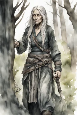 ink wash and watercolor illustration of an ancient grizzled, gnarled female vagabond wanderer, long, grey hair streaked with black, highly detailed facial features, sharp cheekbones. Her eyes are black. She wears weathered roughspun Celtic clothes, emaciated and tall, with pale skin, full body , thigh high leather boots within a forest of massive ancient oak trees in the comic book style of Bill Sienkiewicz and Jean Giraud Moebius , realistic dramatic natural lighting, rich earth tones