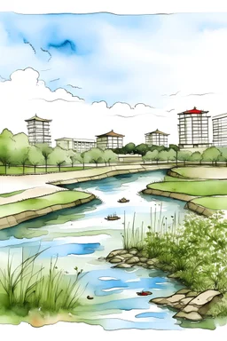 Pond bund - water color illustration