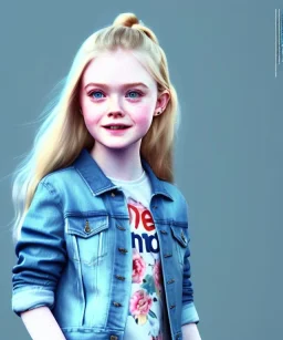 Elle fanning toddler, full body, city background, denim jacket, floral shirt