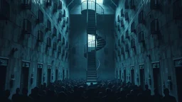 Many Stairs between walls , metallic doors and buildings in bleak prison, in center a big vertical spiral staircase the end of which cannot be seen, underneath many black human silhouette, dark blue and gray colors, cold, grim vibe, high detailed, surreal, dark, cinematic