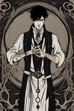 black haired young man necromancer wizard with gothic jewelry and tentacle fingers in the style of Aubrey Beardsley