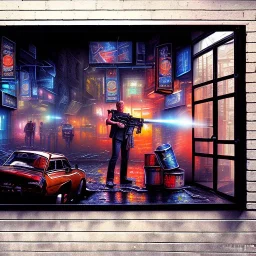 spray paint art, two men with machine guns and great style,evening, seen from store window, dirty city alley, heist action, movie poster