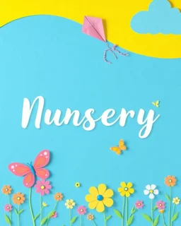 A design in blue, yellow, and green with some flowers and butterflies at the bottom of the image and a kite at the top left of the image for a girls' nursery.