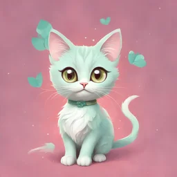 A delightful and adorable cartoon illustration featuring a cute mint-colored cat against a charming pink background, (delightful illustration:1.4), (adorable cartoon cat:1.5), (charming pink background:1.3), (expressive mint hues:1.2), inspired by the styles of cute cartoon artists, trending on ArtStation, Intricate, Sharp focus, vibrant lighting, (whimsical:1.4), (playful ambiance:1.3), (lush fur details:1.5), Cartoon, Masterful, Captivating, High Detail, Cinematic view