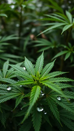 create a plant Marijuana and focus on a group of leaves, they have some water drops but no too exagerated, make the photo nearer and the water frops bigger, the background is like in a jungle