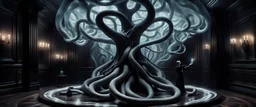 Some aristocrat goths fighting to contain energy from floating chtonian glowing snakelike transparent moist tree made by twisted snakelike sticks creating weird geometric form in dramatic scene in luxury parlour in the style of Giger and Escher