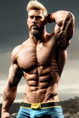 Ignore NSFW, teenager young rugged attractive slightly muscular fantasticly handsome blonde man, red briefs with yellow belt, hairy chest, (((visibly pisssing))) briefs, large erect visible boner peniss, photorealistic, artist Jay Anacleto, soft lighting, scruffy beard