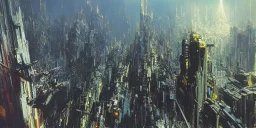 Art by John Berkey and John Harris, lush, Cenral Park New York 2077 in the middle of high rise buildings, trending on Artstation, bird's eye view, extremely hyperdetailed, epic composition, cinematic lightning + masterpiece, sharp focus, epic composition