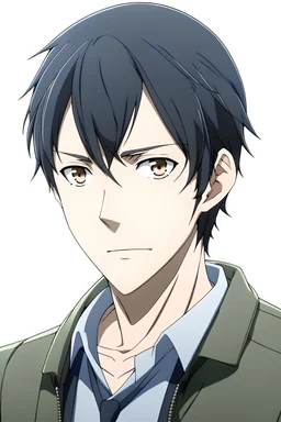 Anime Man main villain character with black hair, wearing normal clothes, aged 17, looks smart, intelligent,and daddy