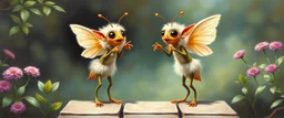 two totally symmetric fluffy angel gremlin slug ant nice cheerleader singing on bridge pointing down in garden , full body portrait T-pose strong aura, oil painting and air brush