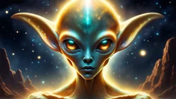 On a starry night, a luminous-skinned alien appears. Its eyes glow with an ethereal hue, while antennas move delicately in the cosmic void. The body, enveloped in a golden aura, reflects the light from the surrounding stars. Despite the alien appearance, its beauty is almost otherworldly, conveying a sense of calm and mystery.