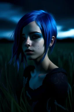 Девочка с синими волосами, модель dark delicacy, арт, в поле, ночное небо