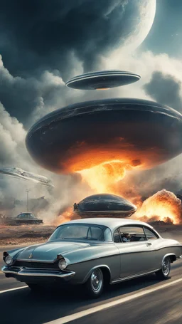 The image shows a photograph with a science fiction theme. Reflected in a side-view mirror, we see a classic car with passengers, driving on a desolate road. In the background, a large UFO hovers in the sky while multiple explosions erupt in the distance, sending up clouds of smoke and fire. The mirror's border frames this chaotic scene, juxtaposing a calm, seemingly oblivious drive with the dramatic events unfolding behind. The aged effect of the photo adds a layer of nostalgia to t