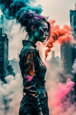 an impasto and tint line photo of a sad cyberpunk girl standing in front of a city made of smoke, ink leak, bronze - skinned, geometric curves, featured art, philosophical splashes of colors, art brought to life, soul shock