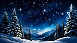 night sky, stars, snow, illuminated stars, large, detailed snow flakes