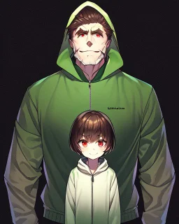 He is 17 years old, feminine in appearance but is a boy, has short dark brown hair, wears a green blouse with a zipper and hood and a white shirt underneath, has red eyes, Determined smile, dark background reminiscent of a nightmare