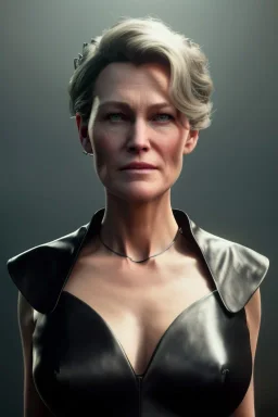 Robin Wright as evil queen in black leather, busty, cleavage, curvy, Claire Underwood, angry, stern look. character design by cory loftis, fenghua zhong, ryohei hase, ismail inceoglu and ruan jia. unreal engine 5, artistic lighting, highly detailed, photorealistic, fantasy