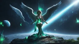 angels with a beautiful face with a wings siting on the monolith made of tiberium crystals of lights, matrix universe, planets on the back grounds, green crystals of tiberium on the life and right