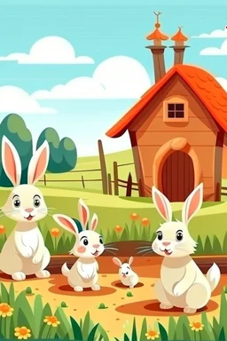 Cartoon rabbits on farm