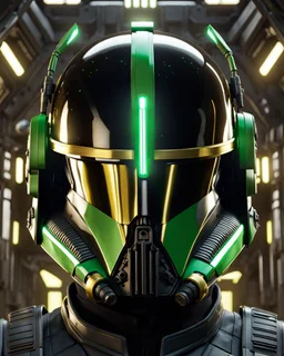 star wars bald male corellian pilot wearing black and bright gasoline green First Order special forces TIE pilot commando armored flightsuit and helmet with gold trim inside the jedi temple, centered head and shoulders portrait, hyperdetailed, dynamic lighting, hyperdetailed background, 8k resolution, volumetric lighting, light skin, fully symmetric details