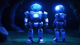 magic brightness soldier robot coloured of dark and bluebeam with a vertical light in the the interior. the bakground is in a fairy dark lawn with blue and big dolmen and a with lightness night