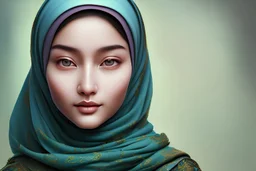 A painting of a smiling beautiful Uighur moslem woman with long dark blue and light green hijab, 22 years old, beautiful big , symmetrical eyes, blond hair, painterly style, detailed, 8k, by Ashley Wood. --ar 3:2 --stop 80 --uplight