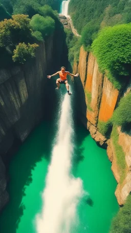 A bird-eye shot photo ofa man jumping at the cliff of waterfalls, shot on Lomography Color Negative 800