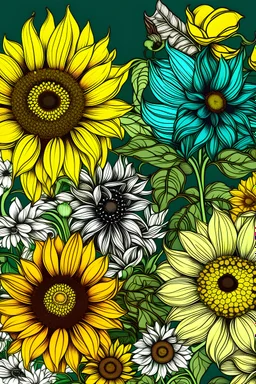 Give me a quick background that I want to use on the cover of the coloring book, which contains flowers. There are sunflowers on the side. I want in the middle of a blank space to write a title for the book. I want it for a colorful sunflower, with a colorful butterfly.
