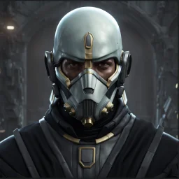 star wars bald male corellian pilot wearing pearlescent black and gunmetal grey First Order special forces heavy assault stealth commando armor and helmet with gold trim inside the jedi temple, hyperdetailed, dynamic lighting, hyperdetailed background, 8k resolution, volumetric lighting, light skin, fully symmetric details