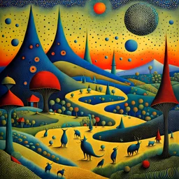 Odd village with innumerable alien odd creatures playing 50's style Max Ernst pointillism pastiche very naïve