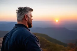 a brawny man with grey hair views sunset from a cliff