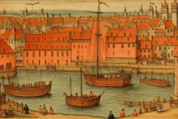 A light rosy orange colored university near a harbor designed in Heidrun manuscripts painted by Pieter Bruegel the Elder