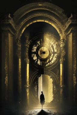 A person, a palace, a time gate, dark black and golden colour