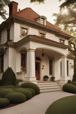 1920s stucco center entry colonial revival house with a terra cotta roof