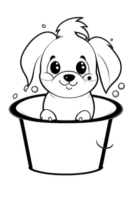 a simple outline of a cute dog in a pot, in a drawing style, black and white.