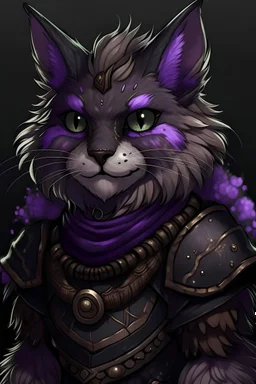a fluffy tabaxi druid with all black fur wearing mushroom armor and purple eyes