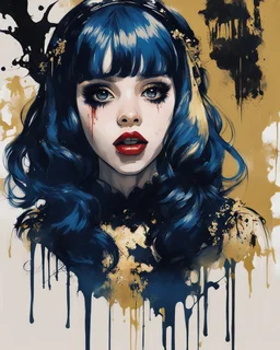 Poster in two gradually, a one side malevolent goth vampire girl face and other side the Singer Melanie Martinez face, painting by Yoji Shinkawa, darkblue and gold tones,