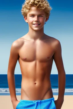 full body image of a beautiful 12 year old boy with long, blonde curly hair and light blue eyes, smiling, shirtless, in front of an distant beach, 8k