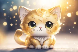 thinking cute chibi cat in sunshine, watercolor and black ink outlines, sparkling golden glitter, ethereal, cinematic postprocessing, bokeh, dof